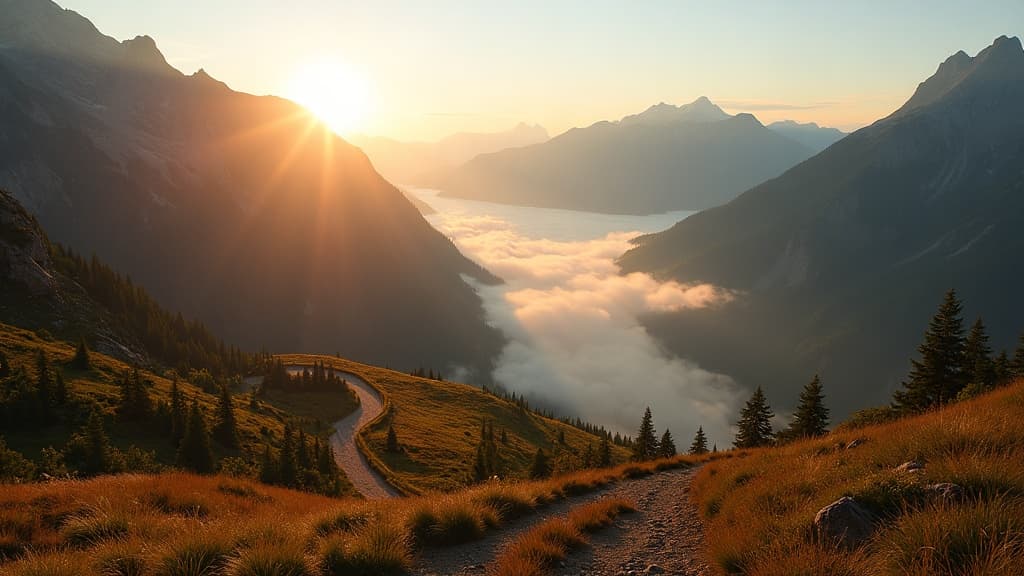 A serene alpine valley at sunrise with a winding trail toward distant peaks