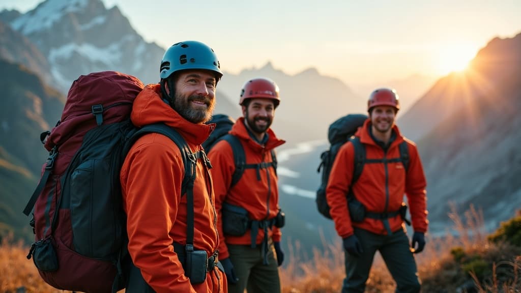 The WildPath guide team with backpacks and climbing gear at a mountain trailhead
