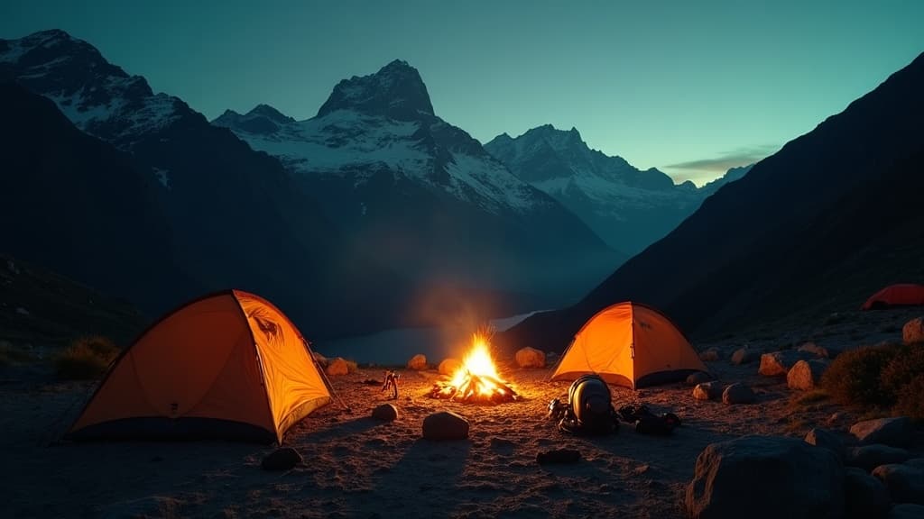 Mountain basecamp at dusk with a campfire glowing