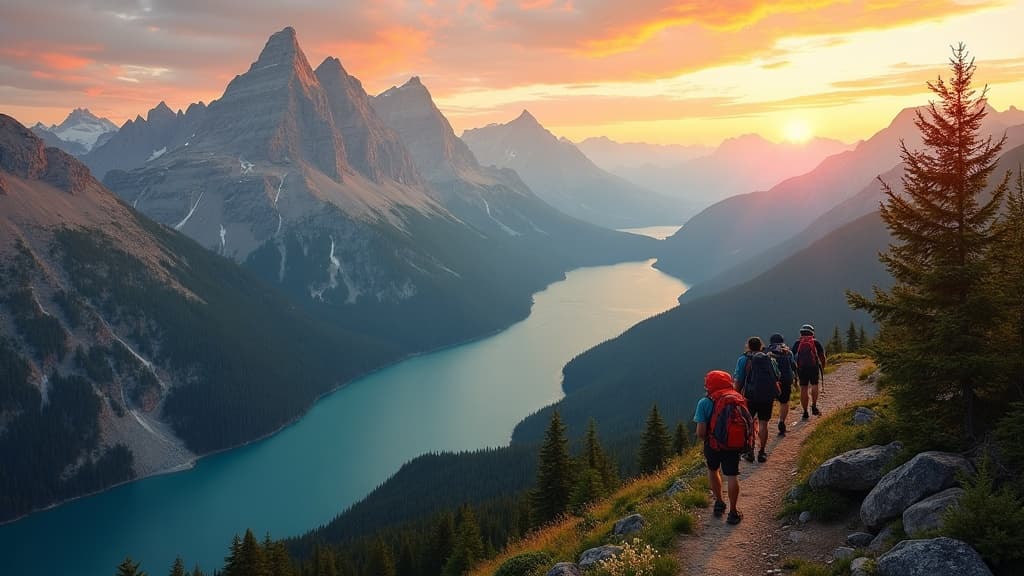 Hikers on an alpine ridgeline overlooking a river valley at golden hour